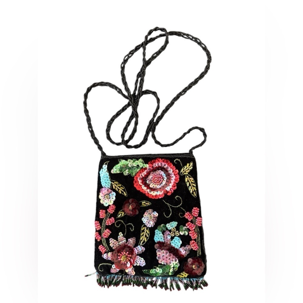 VTG Hand Beaded Velvet Crossbody Evening Bag Beaded Fringe Small Size 7X5 Floral